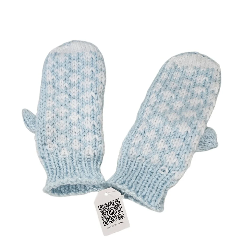 Handmade Blue & White Crochet Mittens with Heart Pattern –Winter Gift Kid's size